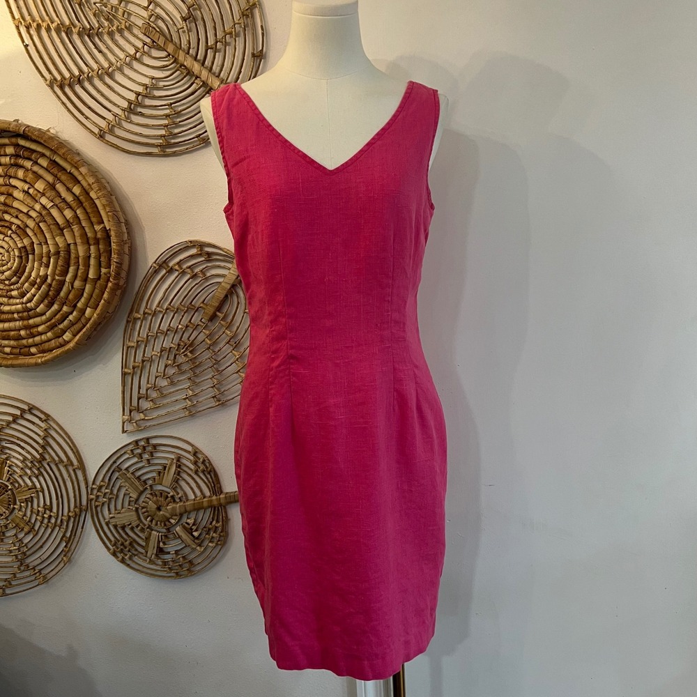 Vintage Sake Pink Linen Sheath Dress V-Neck Sleeveless Resort Summer Size 10